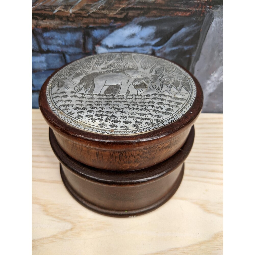 Vtg Round Wood Trinket Box Hand Tooled Embossed Elephant Metal Lid Thailand 4in